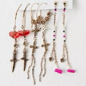 Free People Sirens Hoop Set Gold Hot Pink NWT Dangles Earrings Bohemian Daggers